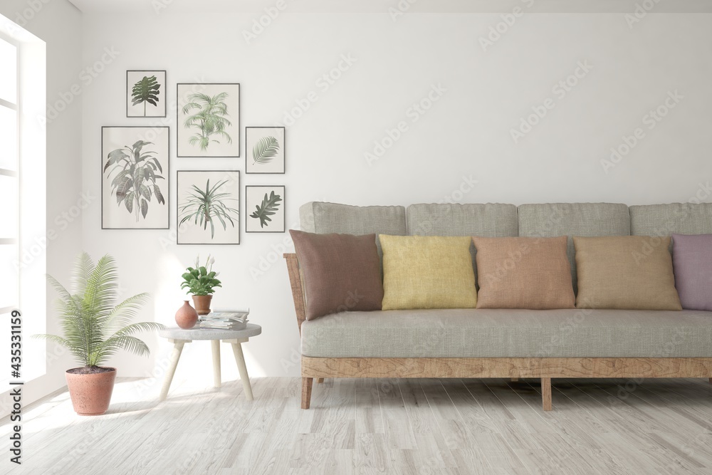 Fototapeta premium Soft color living room with sofa. Scandinavian interior design. 3D illustration