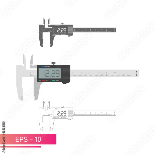 A set of digital vernier calipers with a display and a numeric scale. Realistic, lines and solid color design. Tools for technical specialists. Flat vector illustration.