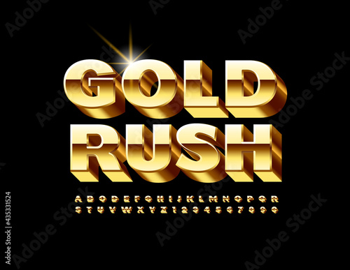 Vector chic template Gold Rush. 3D Premium Font. Set of luxury shiny Alphabet Letters and Numbers