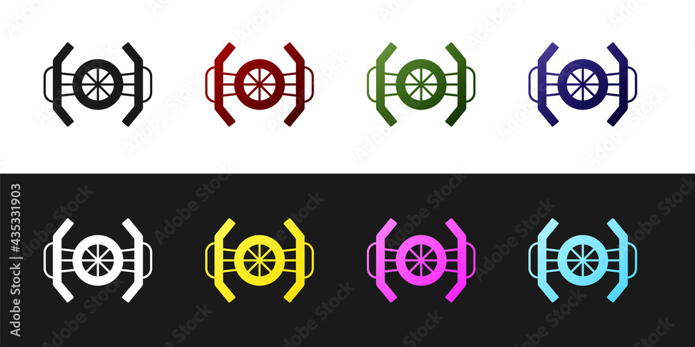 Set Cosmic ship icon isolated on black and white background. Vector