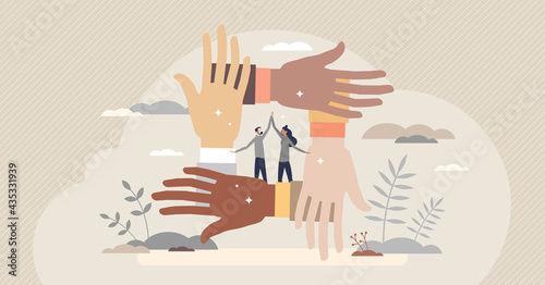 Solidarity and unity as connect multiracial people hands tiny person concept. Teamwork and social connection or bonding as international collaboration and support vector illustration. Trust and care.
