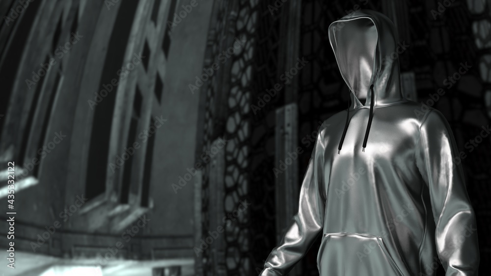 Fototapeta premium Anonymous hacker with metallic silver hoodie in shadow under spaceship inside background. Dangerous criminal concept image. 3D CG. 3D illustration. 3D high quality rendering.