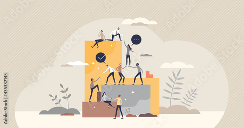 Helping business partners and colleagues for common goal tiny person concept. Partnership, collaboration and support scene with giving hand and motivation from business leaders vector illustration.