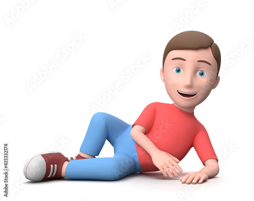 Smiling Young Kid Lying Sideways. 3D Cartoon Character Isolated on White photo