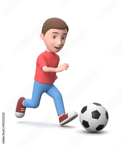 Young Kid Playing Soccer. 3D Cartoon Character Isolated on White