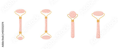 Quartz facial roller. Chinese gua sha massage. Collection of different shape natural pink quartz stones. Skin care and morning routine. Vector illustration in flat cartoon style.