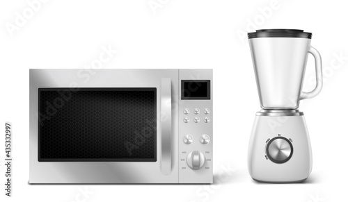 Kitchen appliances microwave and blender. Household technics with digital display, buttons and turners front view, home tech for cooking food isolated on white background realistic 3d vector equipment