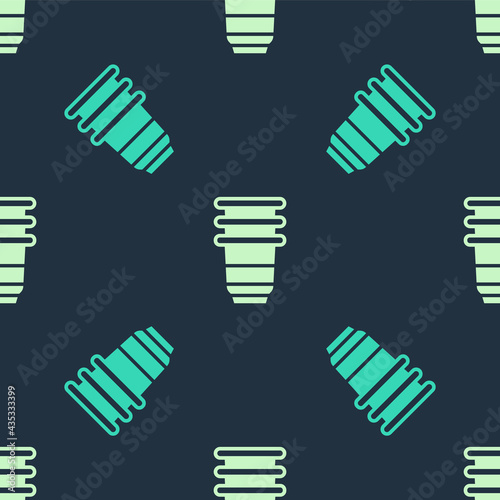 Green and beige Paper glass icon isolated seamless pattern on blue background. Soda drink glass. Fresh cold beverage symbol. Vector