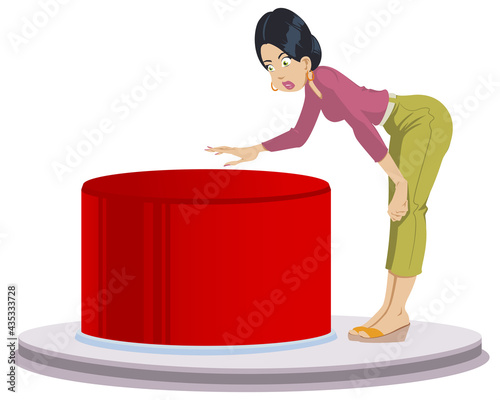 Girl presses red start button. Young woman facing a dilemma. Startup key. Illustration for internet and mobile website.