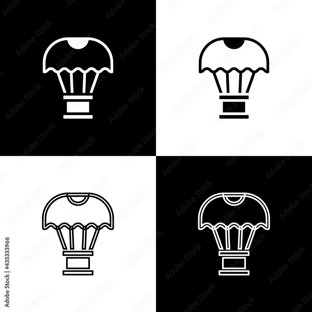 Set Box flying on parachute icon isolated on black and white background. Parcel with parachute for shipping. Delivery service, air shipping. Vector Set Box flying on parachute icon isolated on black and white background. Parcel with parachute for shipping. Delivery service, air shipping. Vector