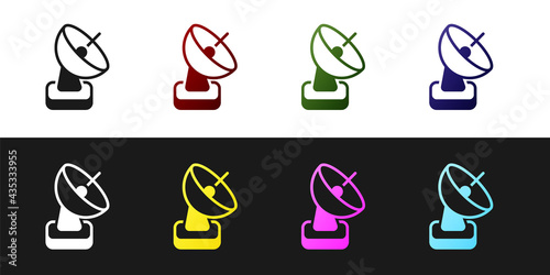 Set Radar icon isolated on black and white background. Search system. Satellite sign. Vector