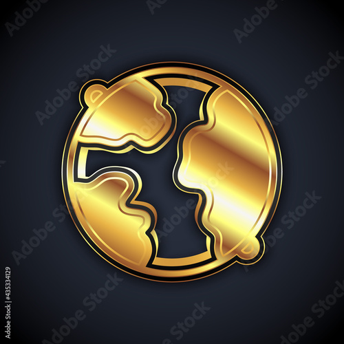 Gold Worldwide icon isolated on black background. Pin on globe. Vector