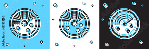 Set Radar with targets on monitor in searching icon isolated on blue and white, black background. Search system. Navy sonar. Vector