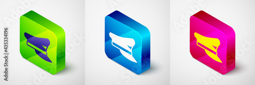 Isometric Pilot hat icon isolated on grey background. Square button. Vector