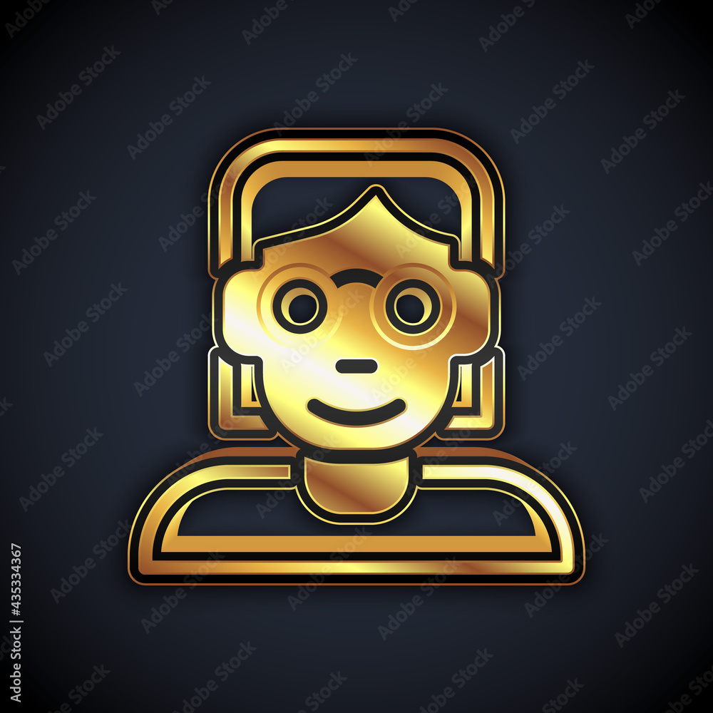Gold Hacker or coder icon isolated on black background. Programmer developer working on code, coding, testing, debugging, analysing. Vector Gold Hacker or coder icon isolated on black background. Programmer developer working on code, coding, testing, debugging, analysing. Vector