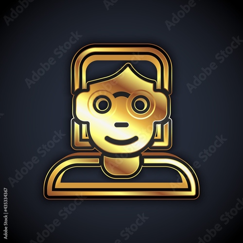 Gold Hacker or coder icon isolated on black background. Programmer developer working on code, coding, testing, debugging, analysing. Vector
