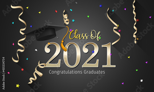 2021 Graduation with Cap Vector. Class of 2021 Year Graduation Banner. Banner for Graduation Greeting Card. Lettering Class of 2021 for Greeting and Invitation Card.
