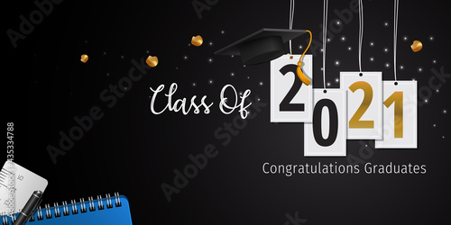 2021 Graduation with Cap Vector. Class of 2021 Year Graduation Banner. Banner for Graduation Greeting Card. Lettering Class of 2021 for Greeting and Invitation Card.
