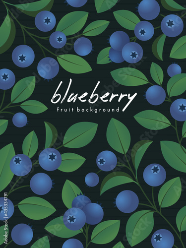 A poster with branches of blueberry on a dark background. Card with blueberry. Fruit background. 