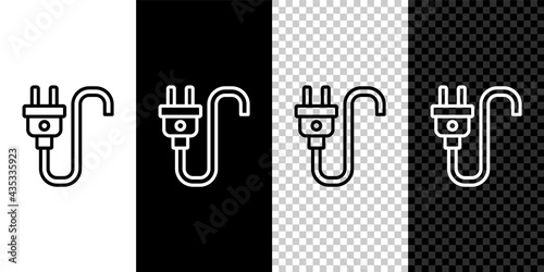 Set line Electric plug icon isolated on black and white, transparent background. Concept of connection and disconnection of the electricity. Vector