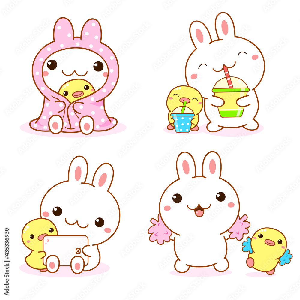 Set of kawaii bunny and duckling. Cute little duck and rabbit friends