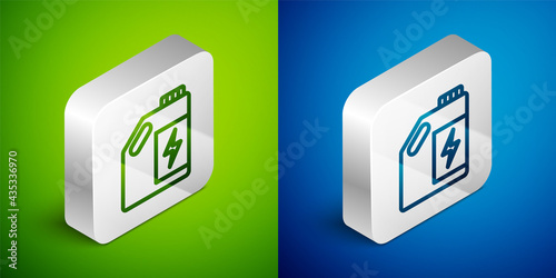 Isometric line Eco fuel canister icon isolated on green and blue background. Eco bio and barrel. Green environment and recycle. Silver square button. Vector
