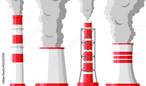 Smoking Factory Pipes Against White Background.