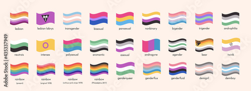 Sexual identity LGBTQ pride flags. Big Set of sexual diversity LGBT symbols. Infographic of Gender minority flag. Collection of Pride parade icons. Vector illustration in flat style.
