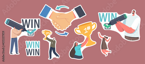 Set of Stickers Win Win Strategy Solution. Business Partners Agreement, Partnership, Deal. Successful Negotiation