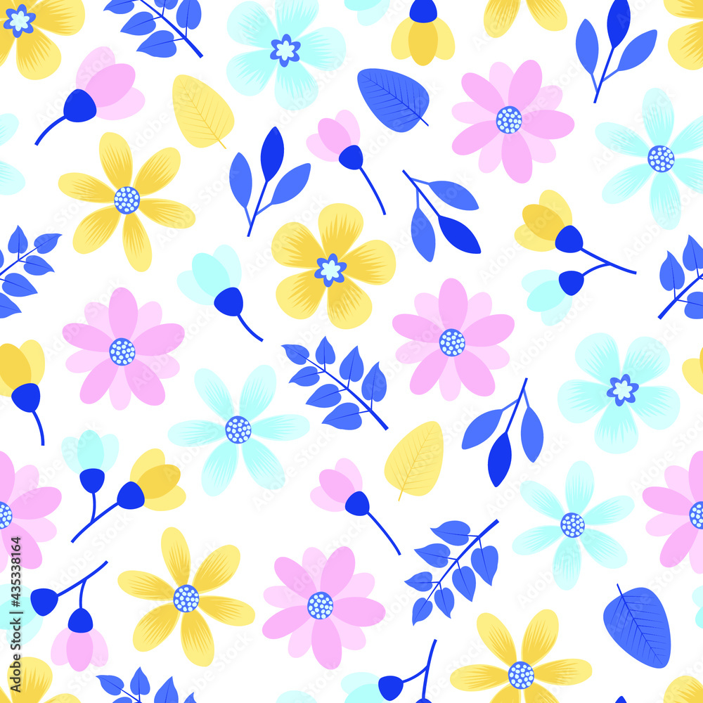 Artistic trendy vector seamless floral ditsy pattern design. Modern stylish repeating blooming flower and foliage background suitable for screen printing and textile industry
