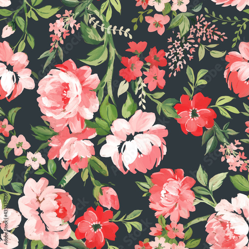 Fototapeta Naklejka Na Ścianę i Meble -  Beautiful vector seamless pattern with hand drawn watercolor summer pink gentle flowers. Stock floral illustration.