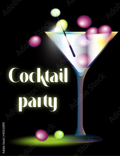 Cocktail party invitation. Vector template poster. Martini glass with cocktail on dark background