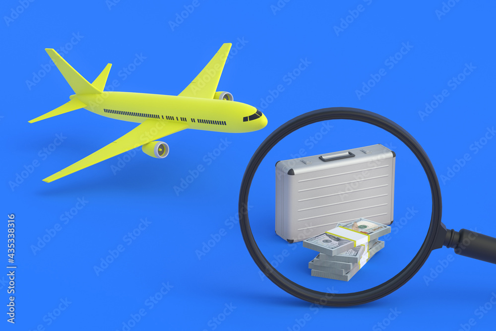 Suitcase near money, magnifying glass and airplane. Search luxury tourist travel. Expensive vacation. Find investing, reinvesting in airlines. Logistics of cargo transportation by aviation. 3d render Suitcase near money, magnifying glass and airplane. Search luxury tourist travel. Expensive vacation. Find investing, reinvesting in airlines. Logistics of cargo transportation by aviation. 3d render