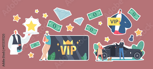 Set of Stickers VIP Card, Celebrity Lifestyle. Luxury Characters with Gold Cards Get Premium Service, Woman with Dog