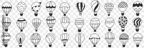 Flying Air balloon doodle set. Collection of hand drawn various patterned air balloons for making trip and having fun in rows isolated on transparent background 