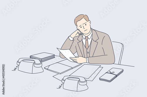 Debts, bankrupt, money loss concept. Young frustrated businessmen cartoon character sitting losing job and money bank clerk working during great depression times vector illustration 