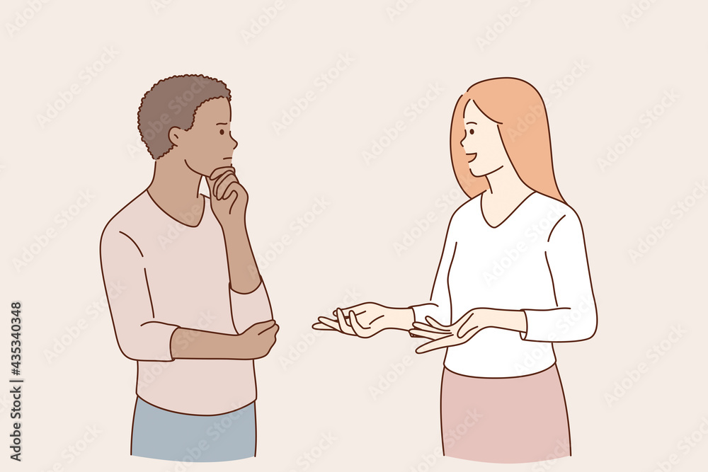 Obraz premium Communication and talking concept. Young couple of mixed race woman and man standing and talking discussing things chatting about problems communicating vector illustration 