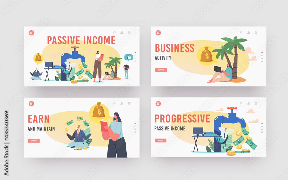 Passive Income Landing Page Template Set. Tiny Characters around Huge Tap with Money Flow. Stock Market Investing