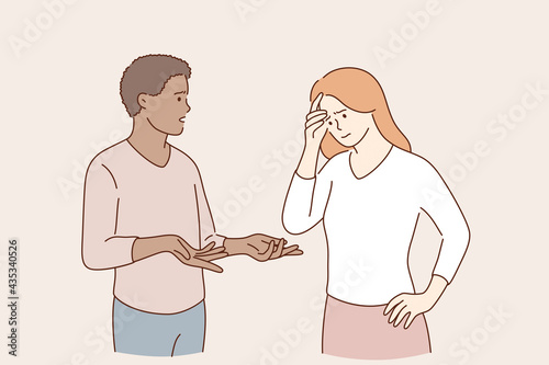 Communication and discussion concept. Young couple of mixed race woman and man standing and talking discussing things chatting about problems communicating vector illustration 