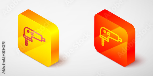 Isometric line Electric jigsaw with steel sharp blade icon isolated on grey background. Power tool for woodwork. Yellow and orange square button. Vector