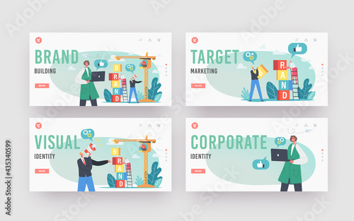 Brand Building Landing Page Template Set. Characters Work on Crane Create Corporate Identity, Company Development