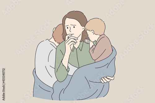 Poverty, single mother, troubles concept. Young sad unhappy mother woman cartoon character with two children standing feeling upset having no enough money for food and living 