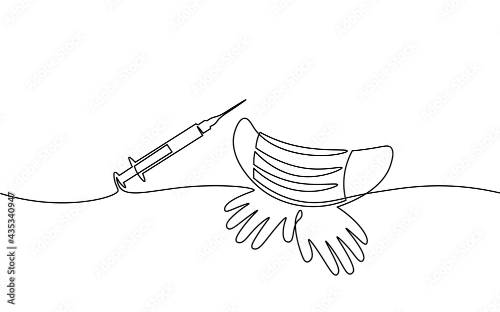 Obraz premium Vaccine syringe one single line art concept. Pandemic COVID coronavirus safe hand drawn sketch. Injection epidemia pneumonia allergy white monochrome vector illustration