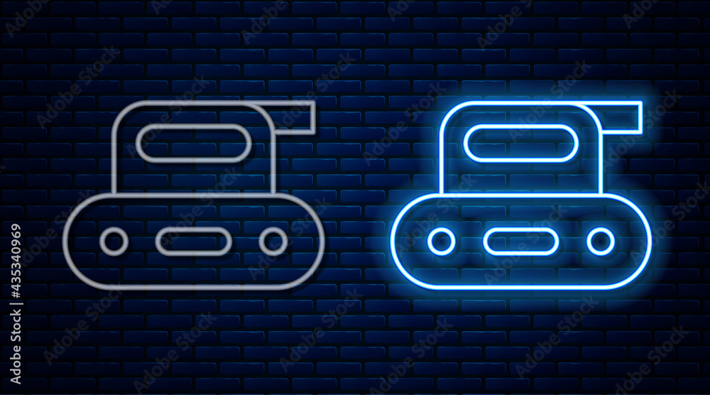 Glowing neon line Electric planer tool icon isolated on brick wall background. Vector Glowing neon line Electric planer tool icon isolated on brick wall background. Vector