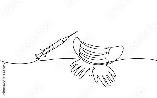 Vaccine syringe one single line art concept. Pandemic COVID coronavirus safe hand drawn sketch. Injection epidemia pneumonia allergy white monochrome vector illustration