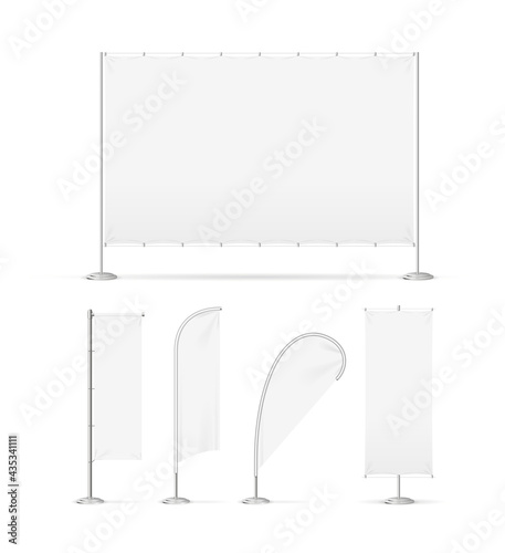 Realistic 3d Detailed White Advertising Flags Banners Set. Vector