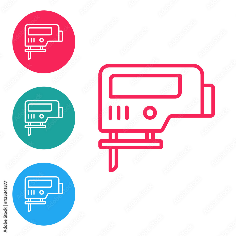Red line Electric jigsaw with steel sharp blade icon isolated on white background. Power tool for woodwork. Set icons in circle buttons. Vector Red line Electric jigsaw with steel sharp blade icon isolated on white background. Power tool for woodwork. Set icons in circle buttons. Vector