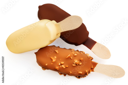 Stick ice cream isolated on white background. Vanilla Eskimo Ice-cream bar. Popsicle and lolly sweet dessert. Top view photo