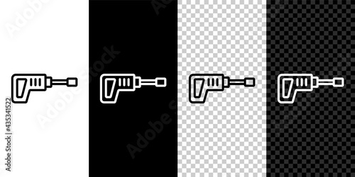 Set line Electric rotary hammer drill machine icon isolated on black and white, transparent background. Working tool for construction, finishing, repair work. Vector