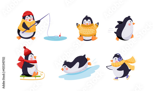 Cute Penguin Sledging, Fishing and Ice Skating Vector Illustration Set